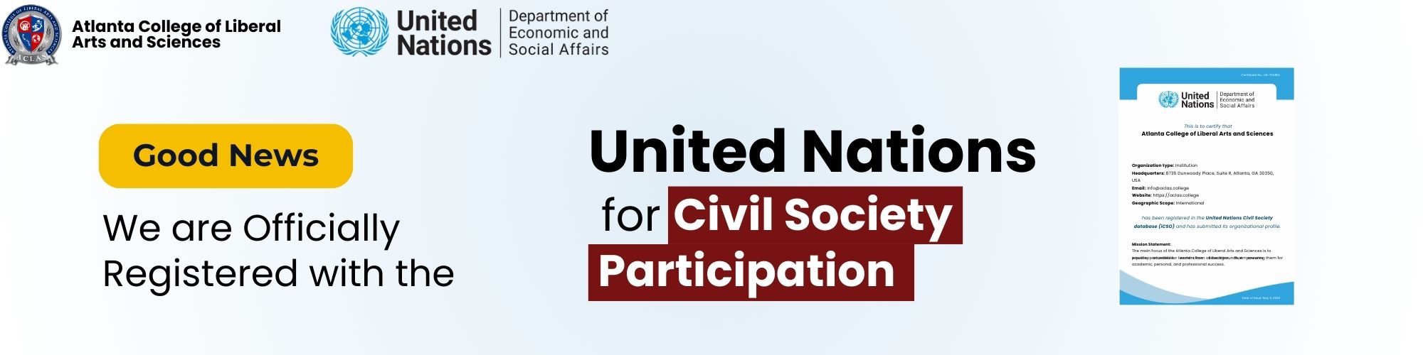 Atlanta College of Liberal Arts and Sciences Achieves United Nations Civil Society Participation Registration