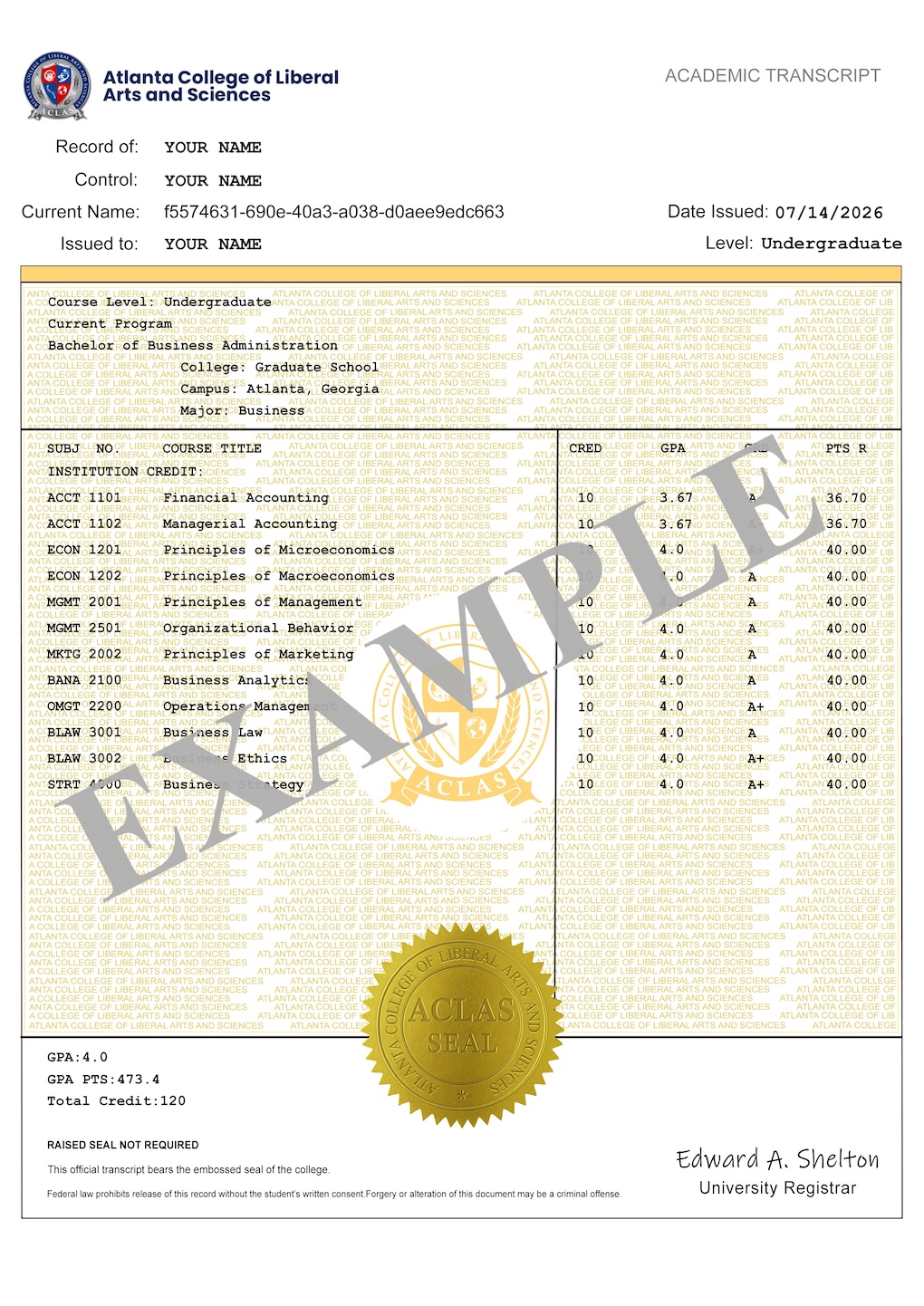 academic transcript sample